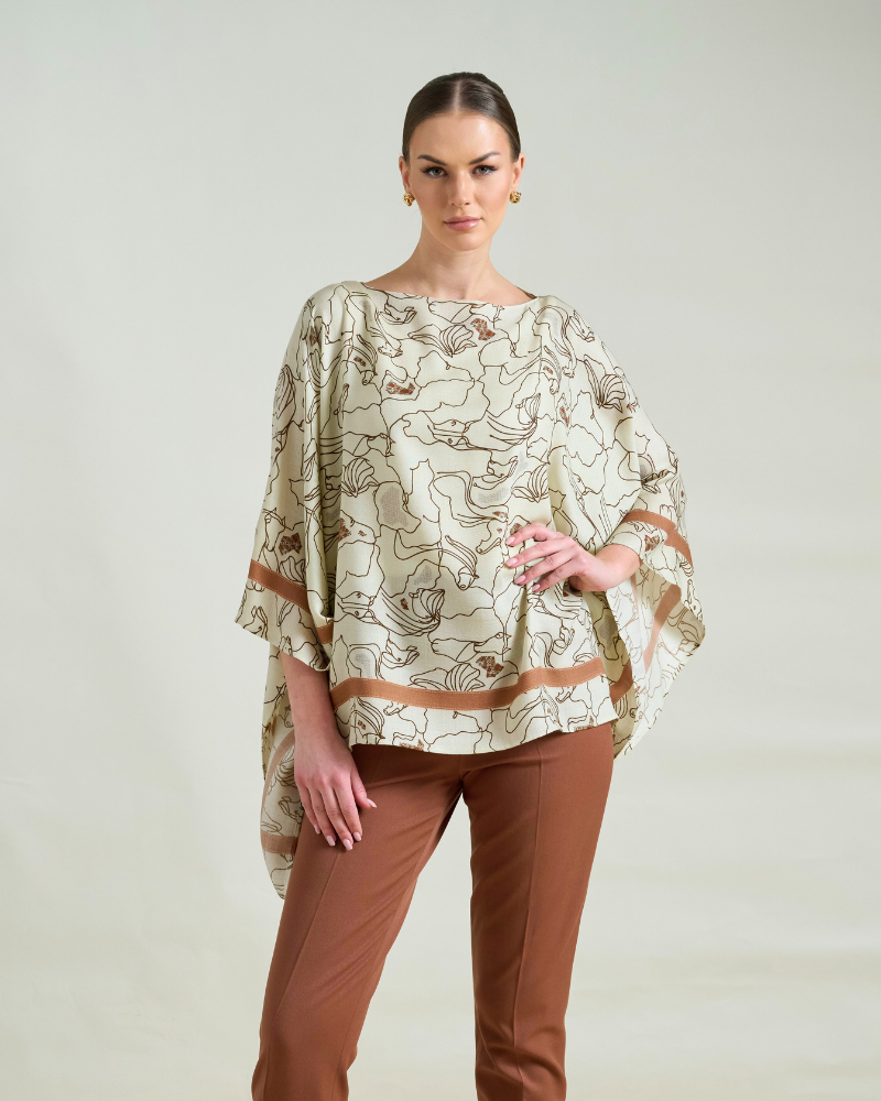 CASHMERE PRINTED PONCHO: WELLINGTON: BEIGE