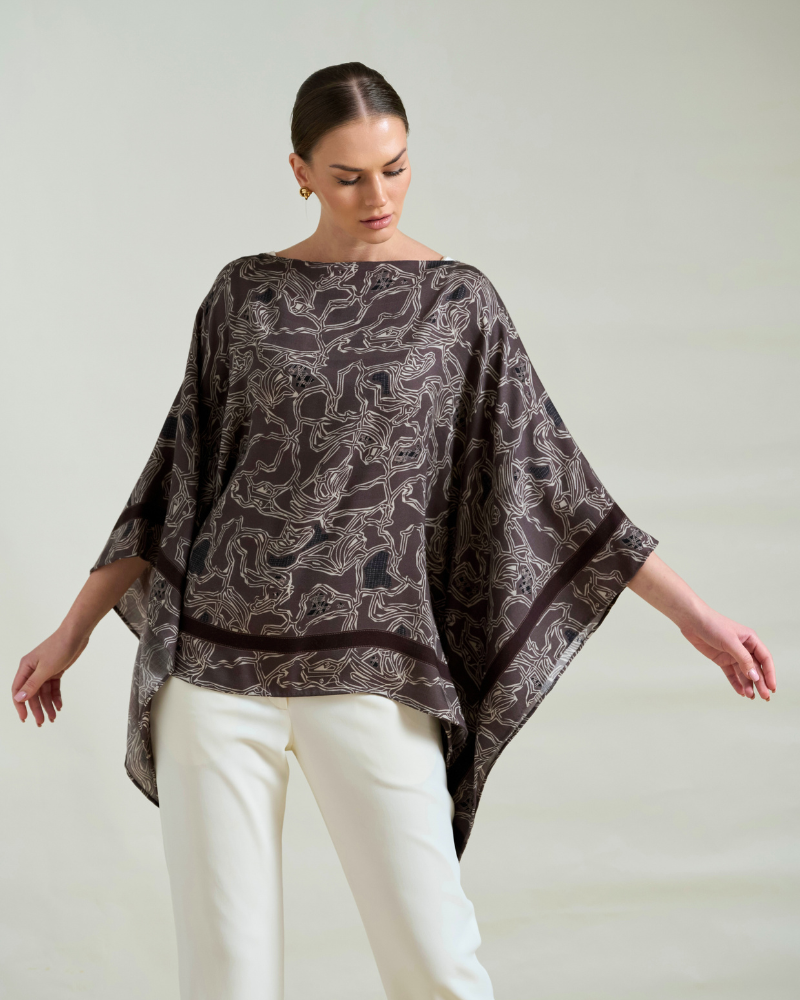 CASHMERE PRINTED PONCHO: WELLINGTON: CHOCOLATE