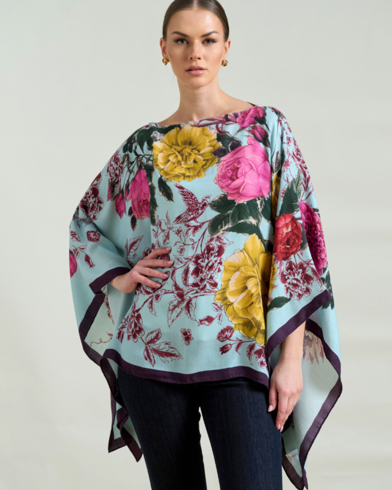 CASHMERE PRINTED PONCHO: SANREMO: BLUE