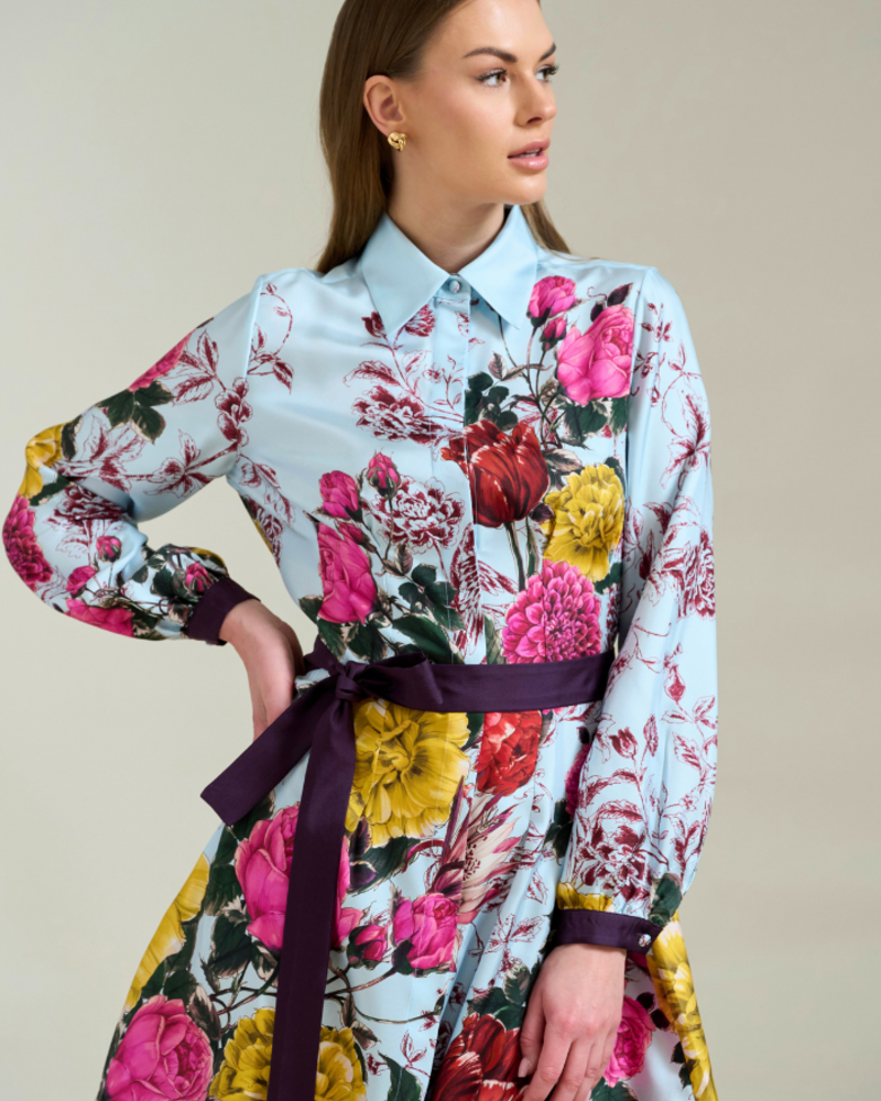 SANREMO SILK LONG SLEEVE DRESS: BLUE