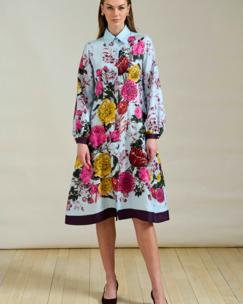 SANREMO SILK LONG SLEEVE DRESS: BLUE