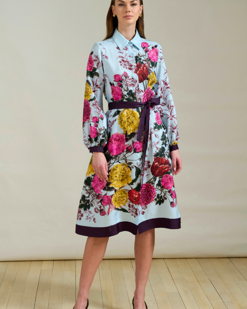 SANREMO SILK LONG SLEEVE DRESS: BLUE