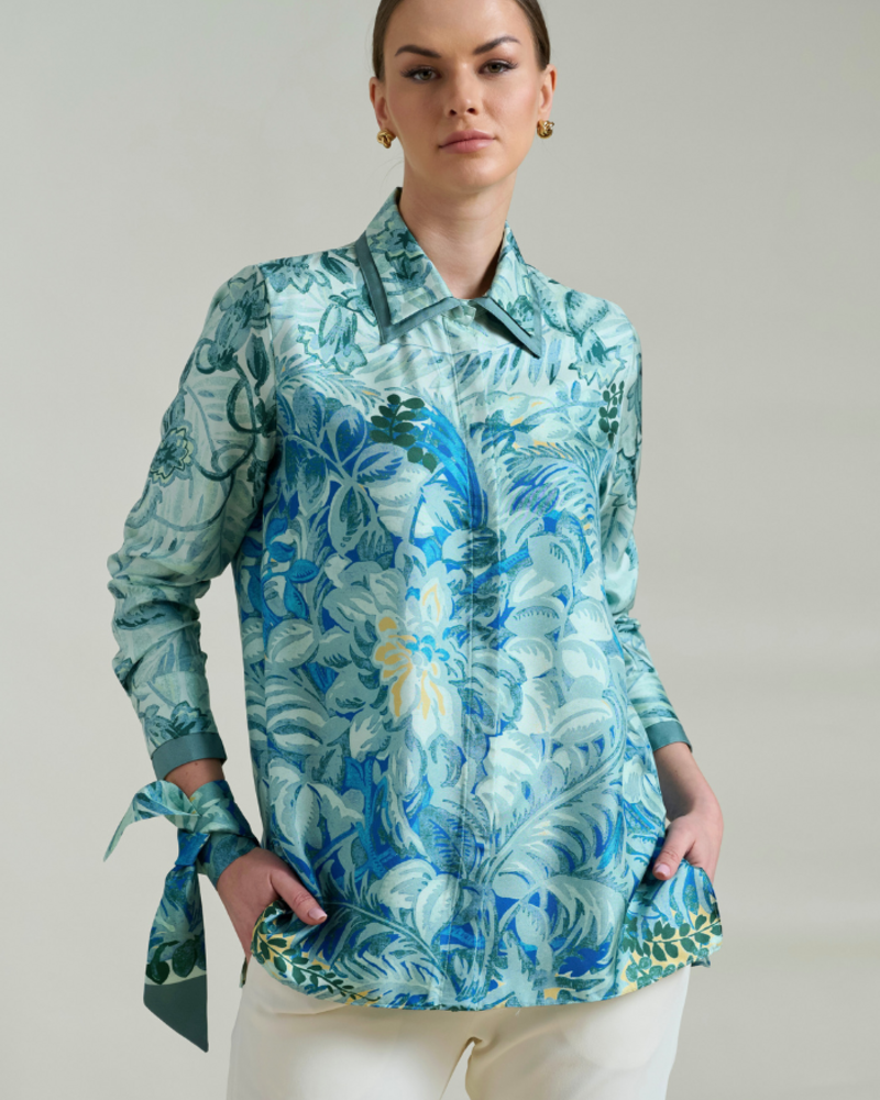 SHIRT COLLAR SILK PRINTED SHIRT: CORSICA GREEN