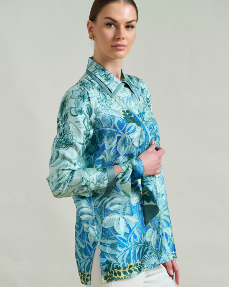 SHIRT COLLAR SILK PRINTED SHIRT: CORSICA GREEN