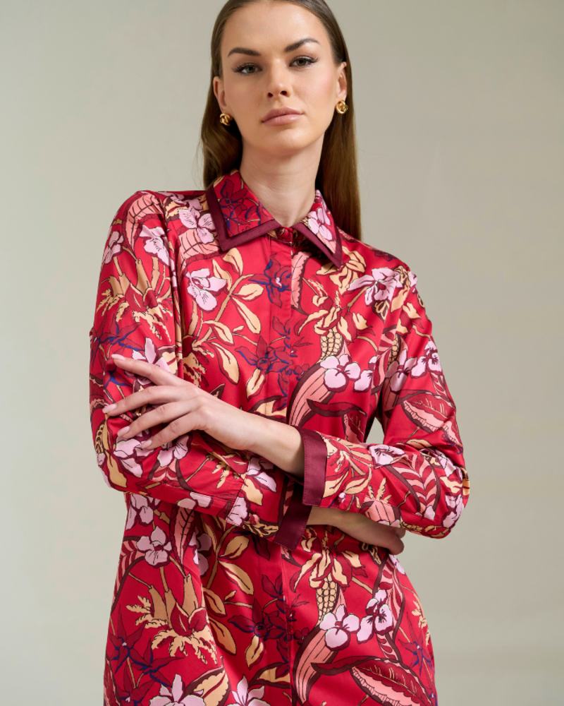 COTTON SHIRT DRESS W/ SHORT SLEEVES: ZANZIBAR RED