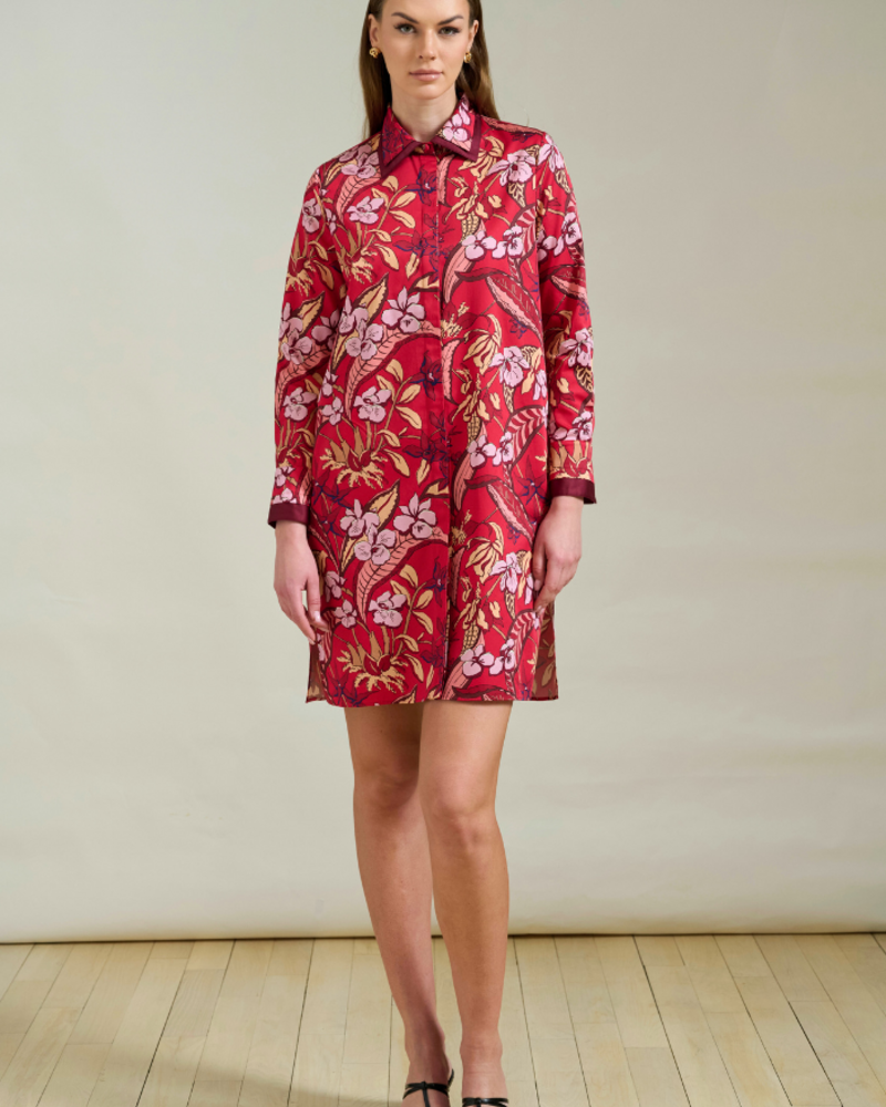 COTTON SHIRT DRESS W/ SHORT SLEEVES: ZANZIBAR RED