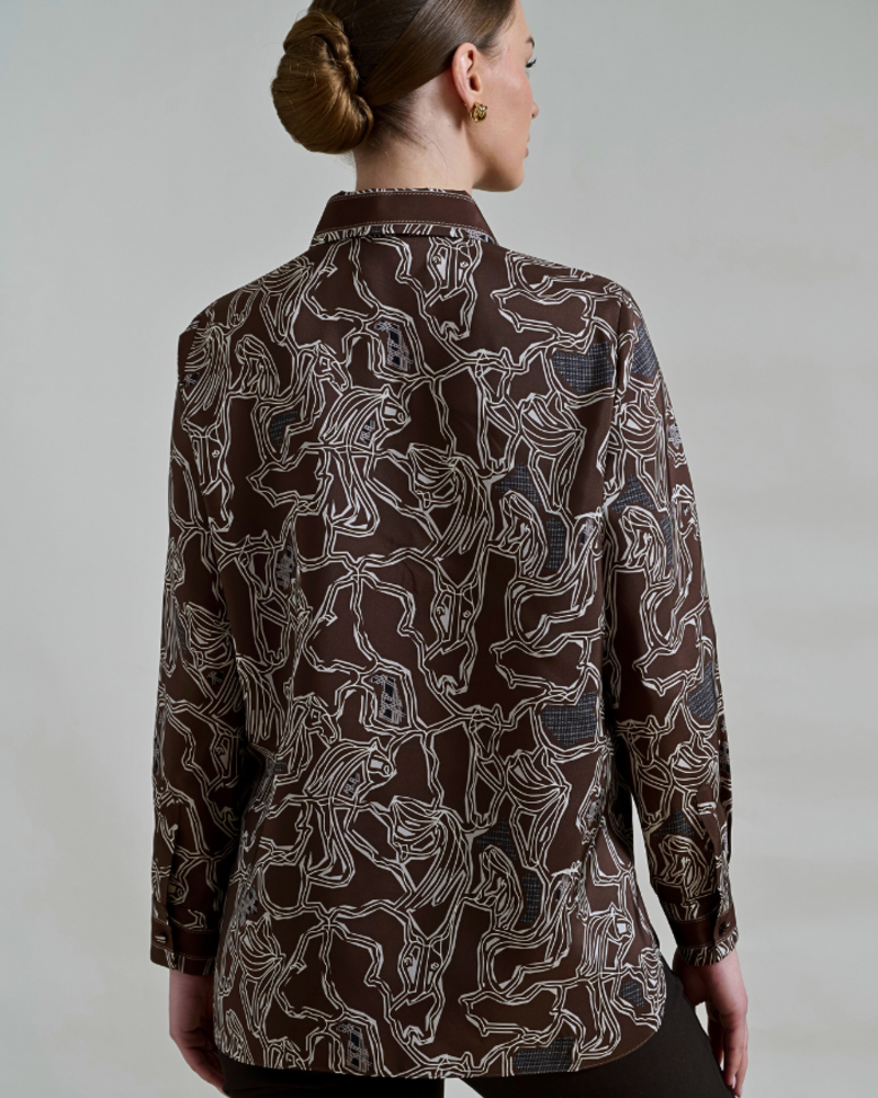 COLLARED SILK PRINTED SHIRT: WELLINGTON CHOCOLATE