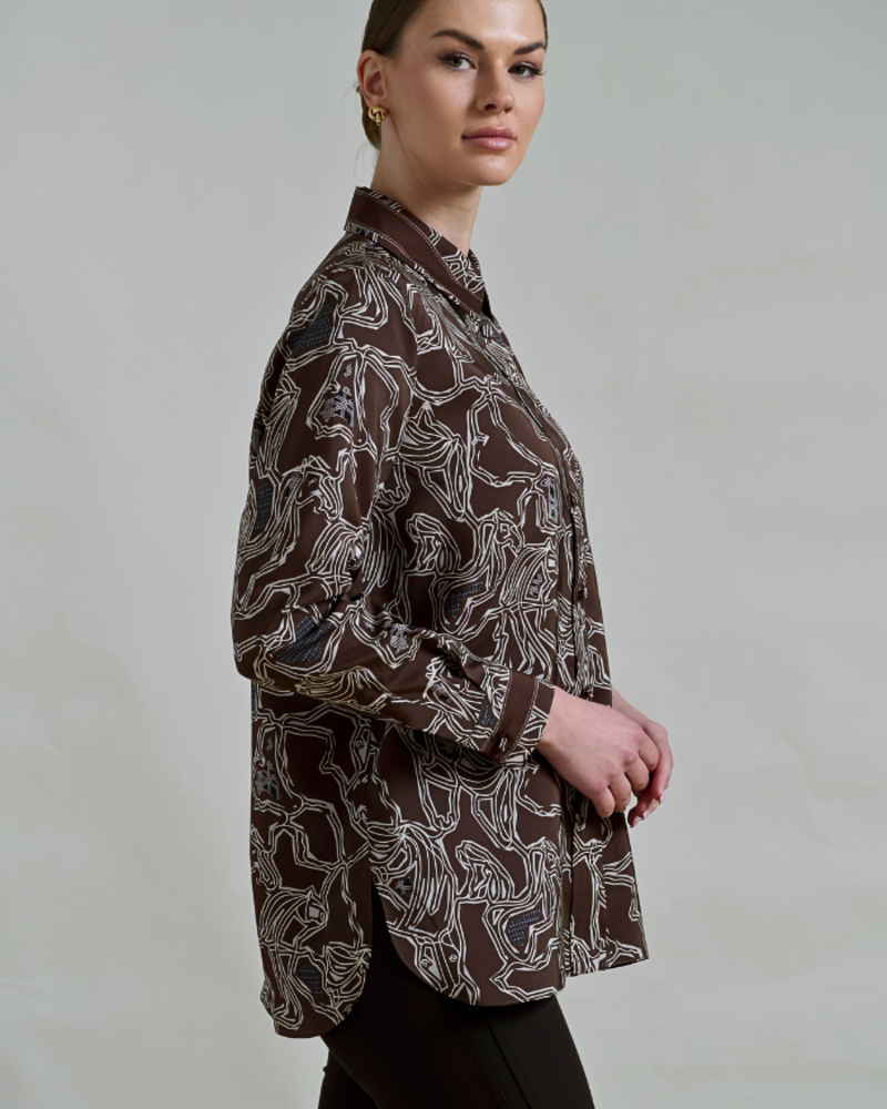COLLARED SILK PRINTED SHIRT: WELLINGTON CHOCOLATE