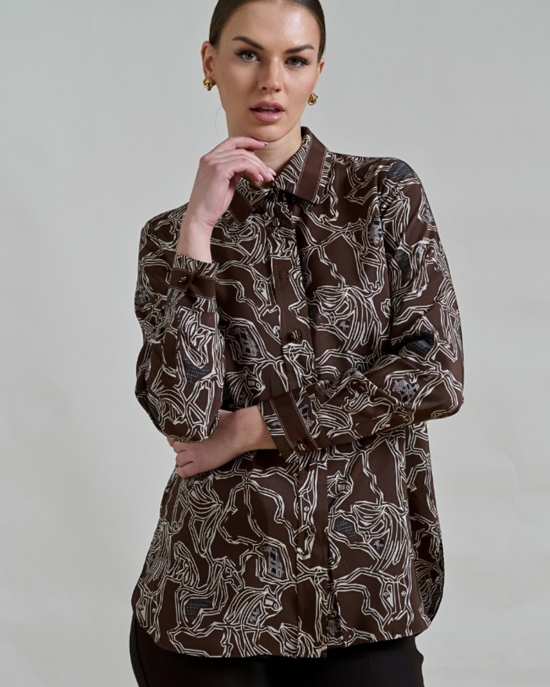 COLLARED SILK PRINTED SHIRT: WELLINGTON CHOCOLATE