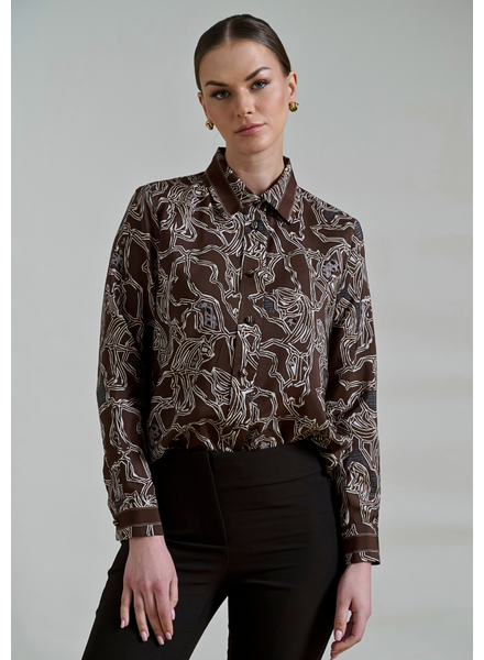 COLLARED SILK PRINTED SHIRT: WELLINGTON CHOCOLATE