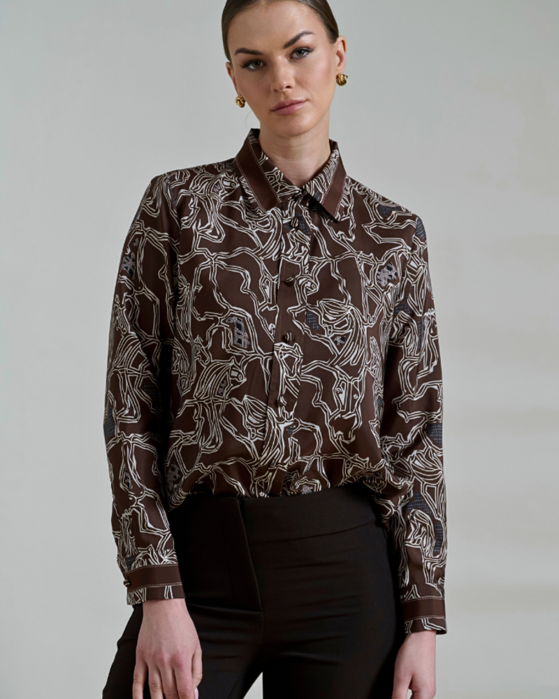 COLLARED SILK PRINTED SHIRT: WELLINGTON CHOCOLATE