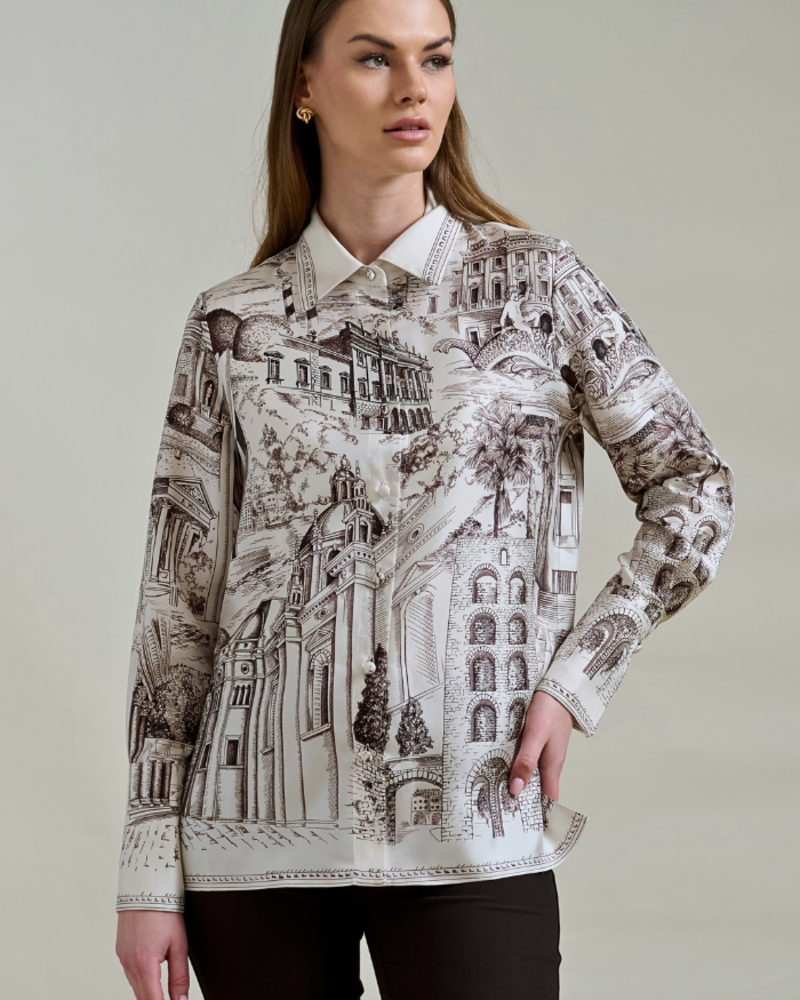 COLLARED SILK PRINTED SHIRT: LAKE COMO CHOCOLATE