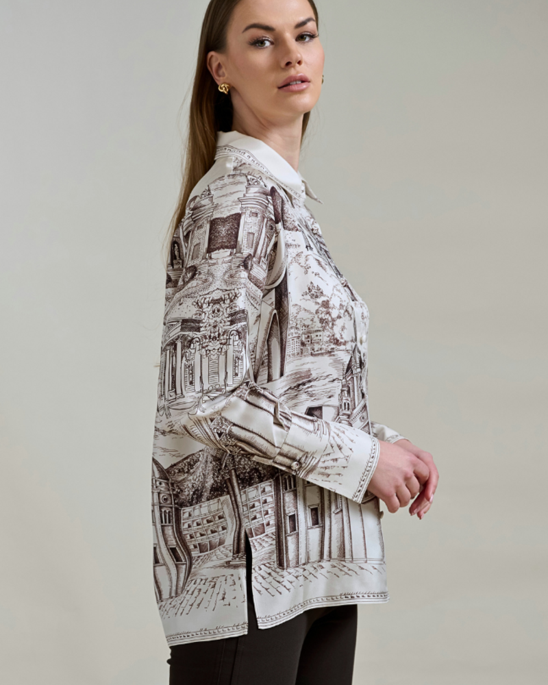 COLLARED SILK PRINTED SHIRT: LAKE COMO CHOCOLATE