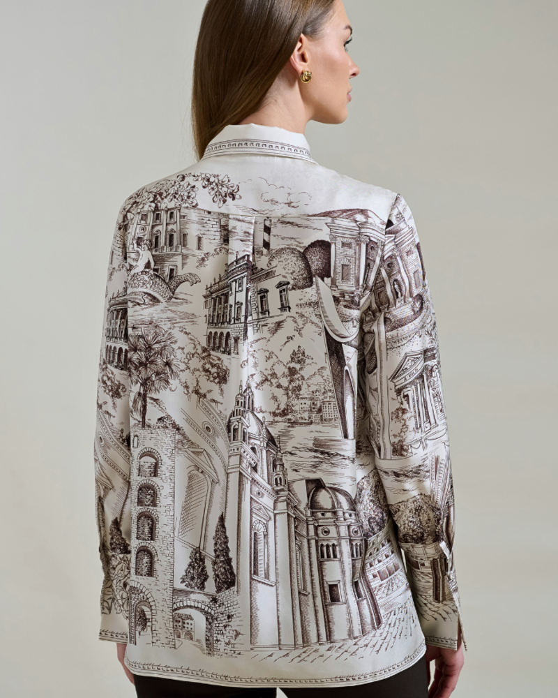 COLLARED SILK PRINTED SHIRT: LAKE COMO CHOCOLATE