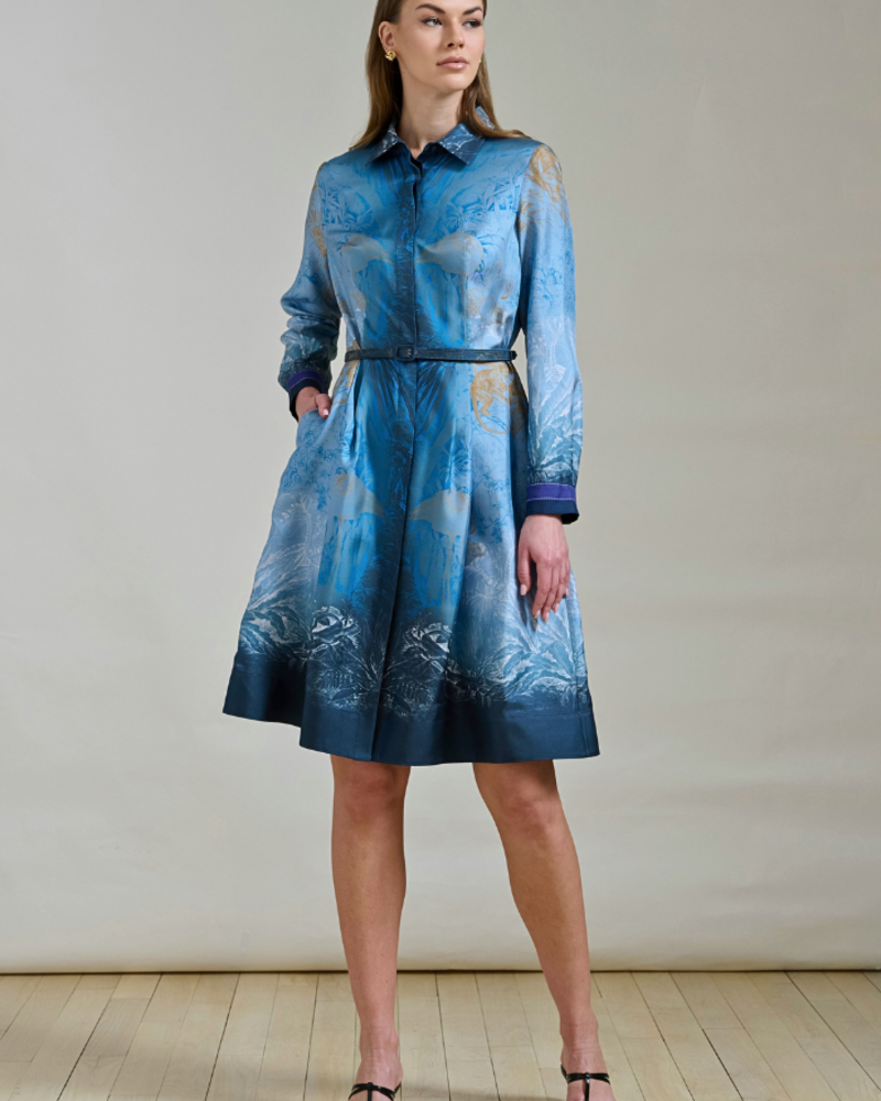 SILK SHIRT DRESS WITH BELT PRINT: SAFARI BLUE