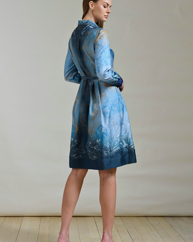 SILK SHIRT DRESS WITH BELT PRINT: SAFARI BLUE