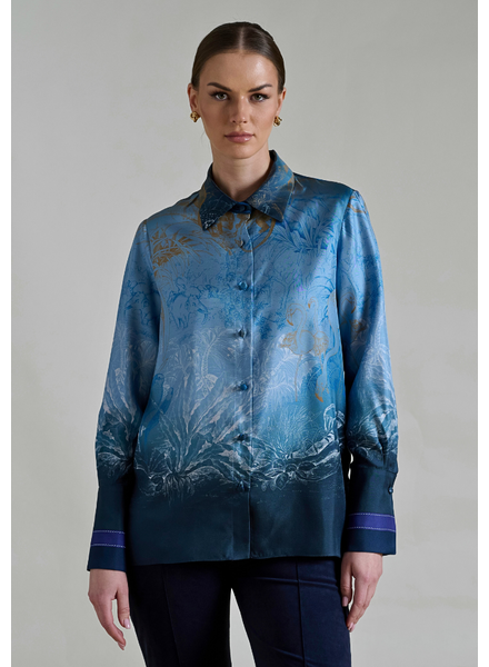 COLLARED SILK PRINTED SHIRT: SAFARI BLUE