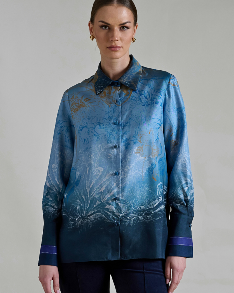 COLLARED SILK PRINTED SHIRT: SAFARI BLUE