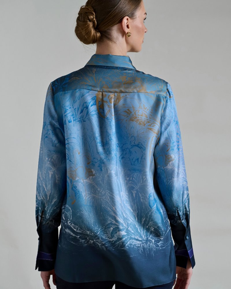 COLLARED SILK PRINTED SHIRT: SAFARI BLUE