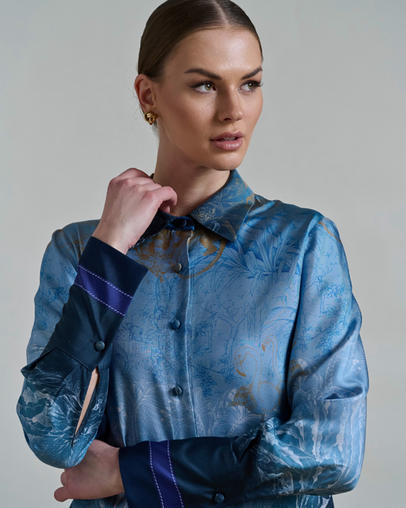 COLLARED SILK PRINTED SHIRT: SAFARI BLUE