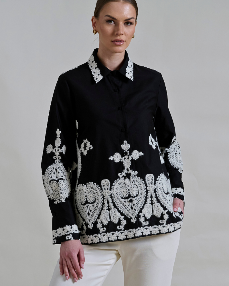 COTTON PRINTED SHIRT: EMBROIDERY BLACK