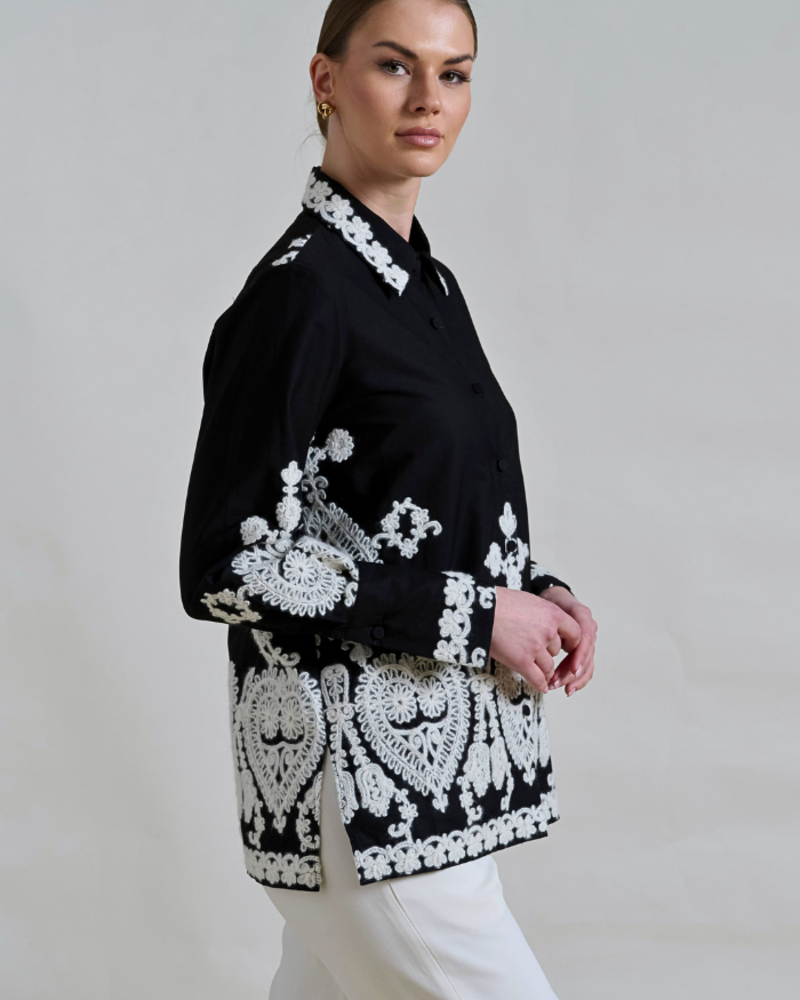 COTTON PRINTED SHIRT: EMBROIDERY BLACK