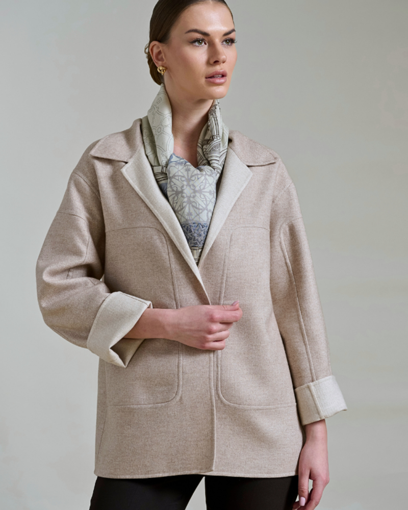 DOUBLE FACE CHECKERED CASHMERE W/ POCKETS : BEIGE