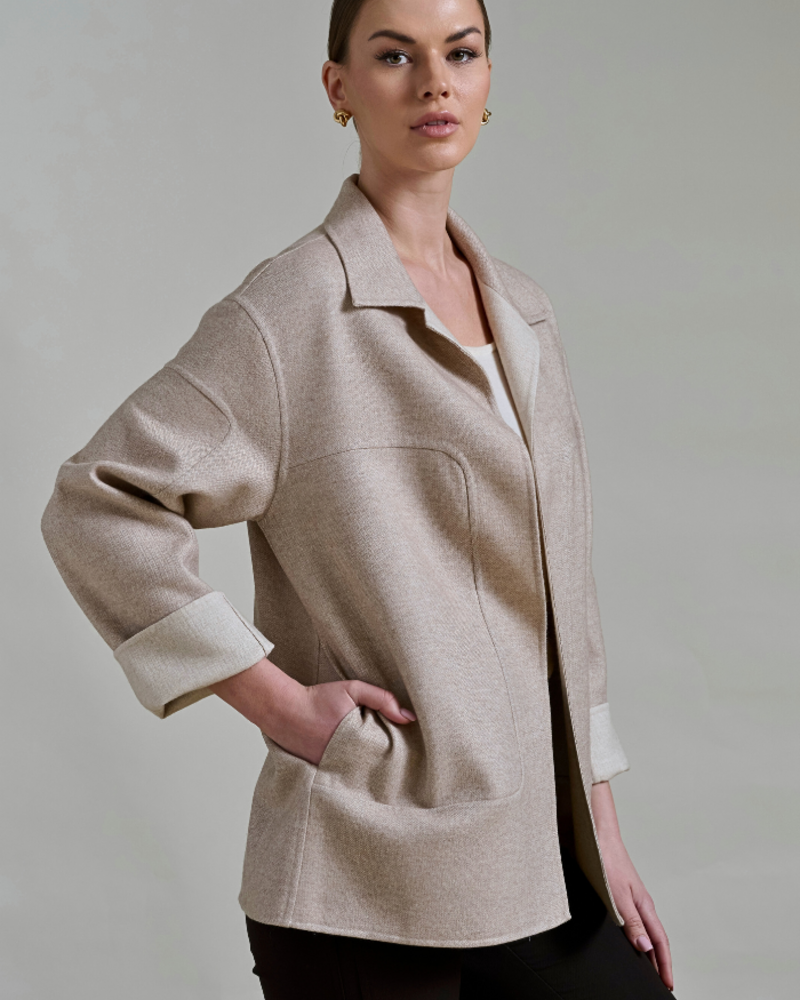 DOUBLE FACE CHECKERED CASHMERE W/ POCKETS : BEIGE
