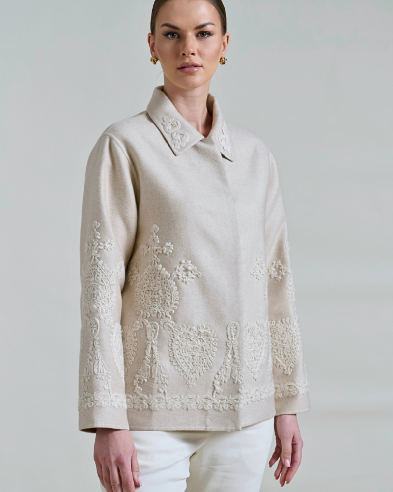 CASHMERE BUTTON DOWN WHITE EMBROIDERY CASHMERE AND SILK BEIGE JACKET