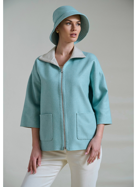 CASHMERE DOUBLE FACE REVERSIBLE JACKET WITH ZIP: TURQ