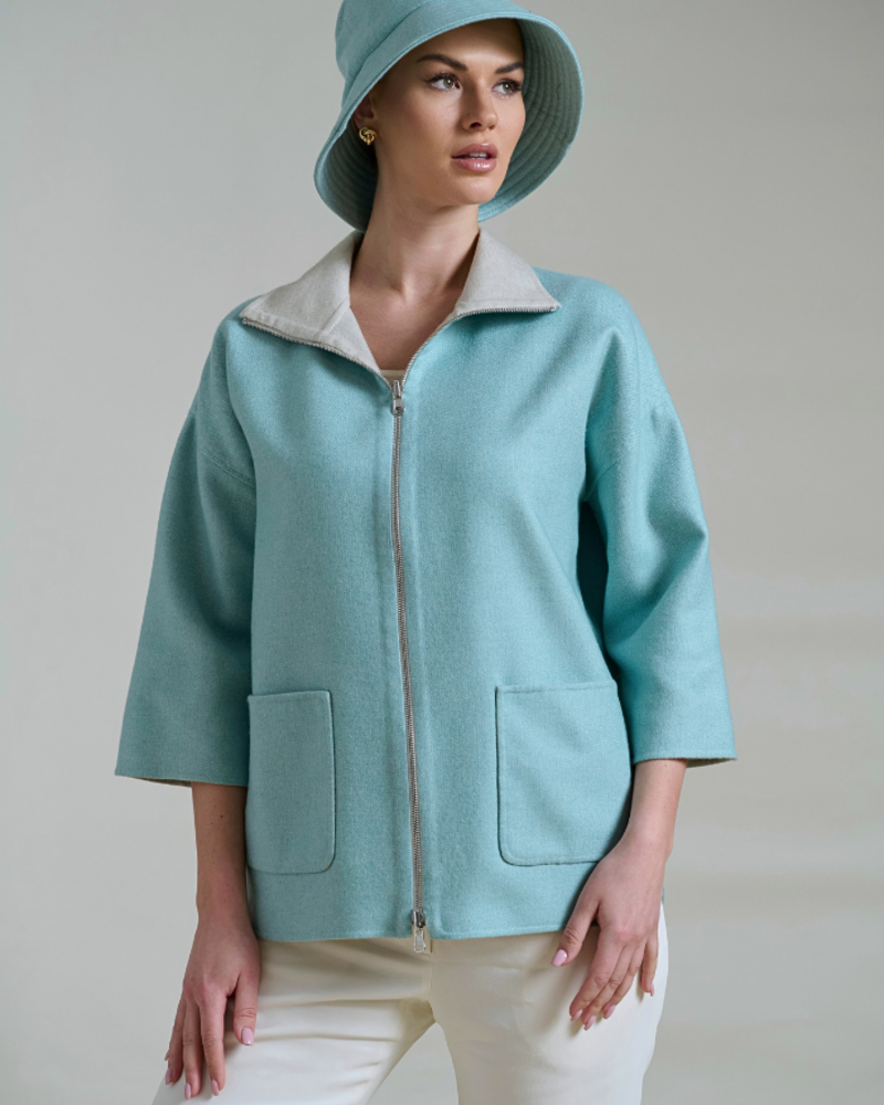 CASHMERE DOUBLE FACE REVERSIBLE JACKET WITH ZIP: TURQ
