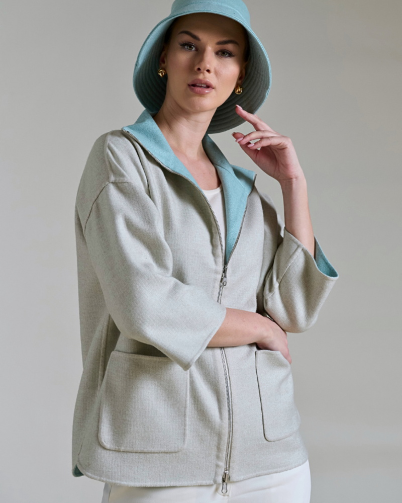 CASHMERE DOUBLE FACE REVERSIBLE JACKET WITH ZIP: TURQ
