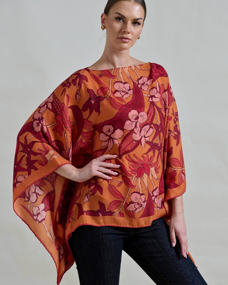PRINTED CASHMERE PONCHO: ZANZIBAR: ORANGE
