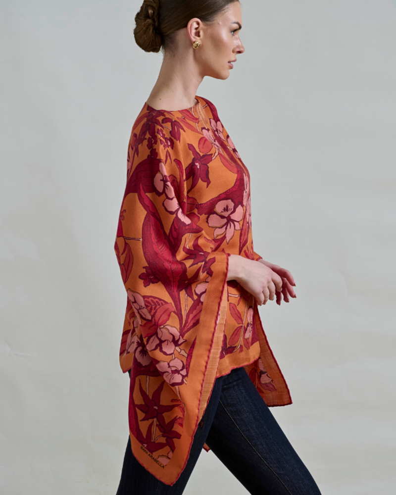 PRINTED CASHMERE PONCHO: ZANZIBAR: ORANGE