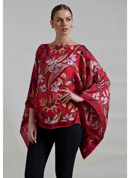 PRINTED CASHMERE PONCHO: ZANZIBAR: RED