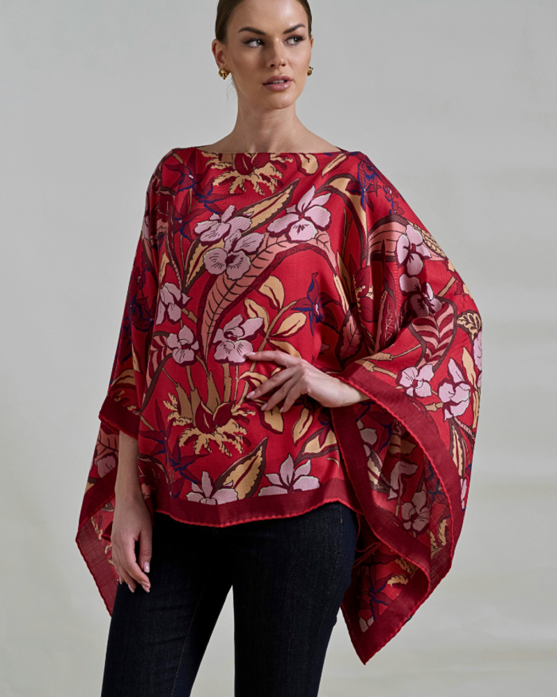 PRINTED CASHMERE PONCHO: ZANZIBAR: RED
