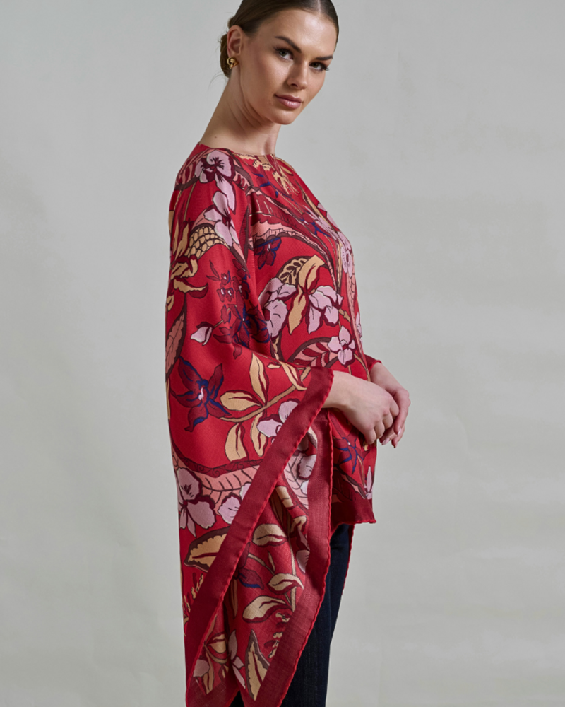 PRINTED CASHMERE PONCHO: ZANZIBAR: RED