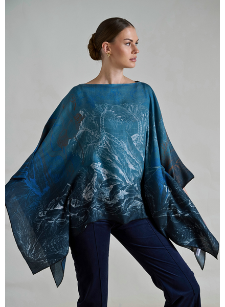 CASHMERE PRINTED PONCHO: SAFARI: BLUE