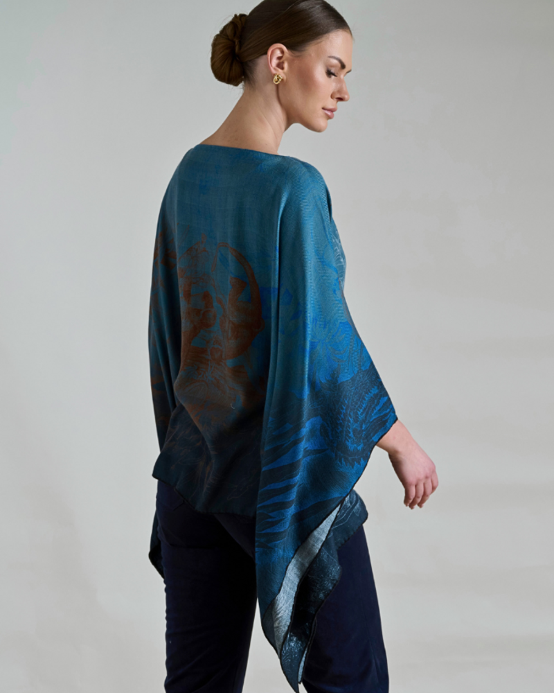 CASHMERE PRINTED PONCHO: SAFARI: BLUE