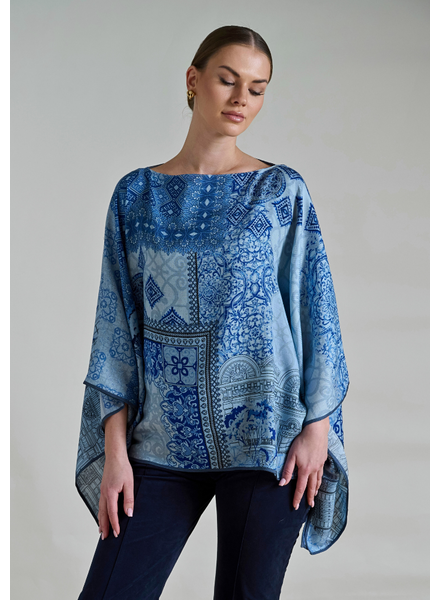 CASHMERE PRINTED PONCHO: SEVILLE: BLUE