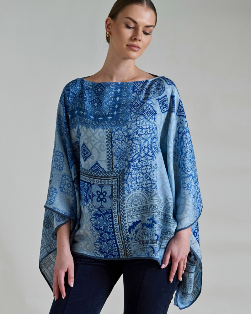 CASHMERE PRINTED PONCHO: SEVILLE: BLUE