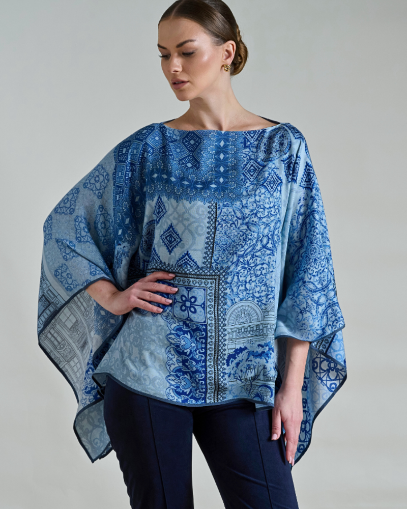CASHMERE PRINTED PONCHO: SEVILLE: BLUE