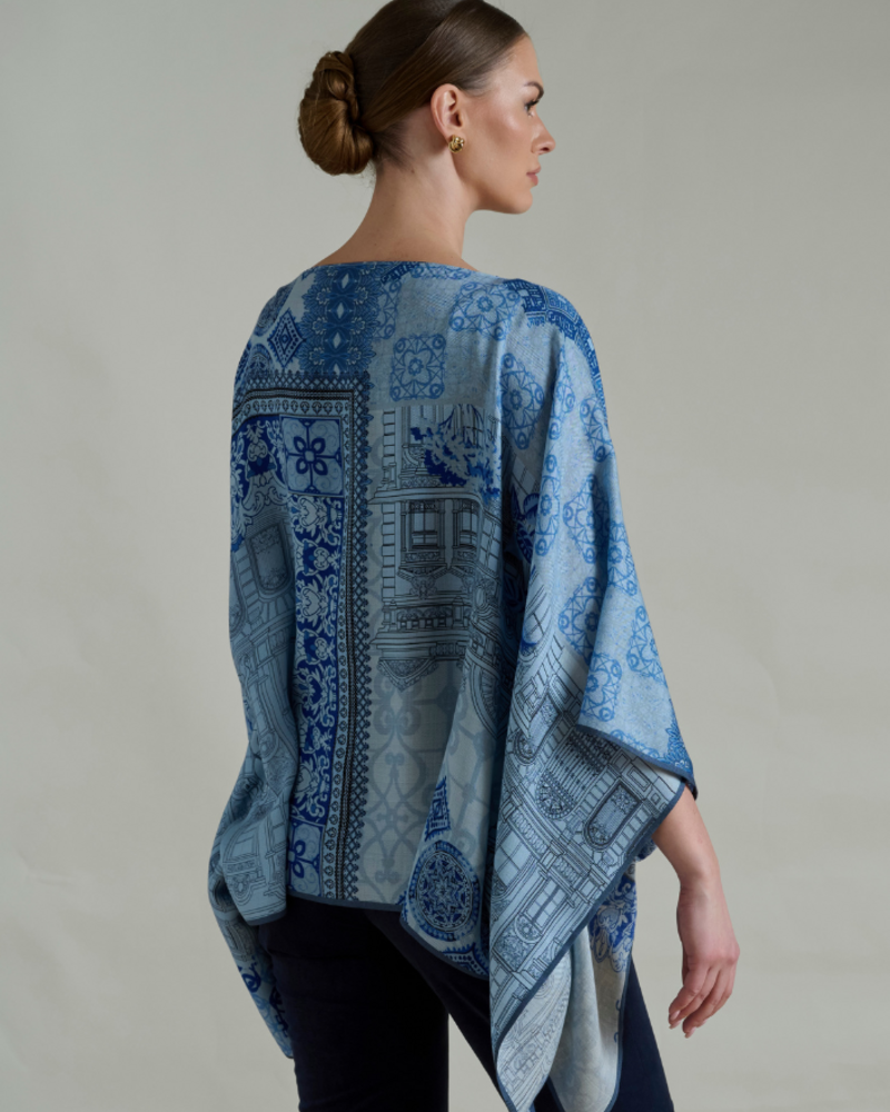 CASHMERE PRINTED PONCHO: SEVILLE: BLUE