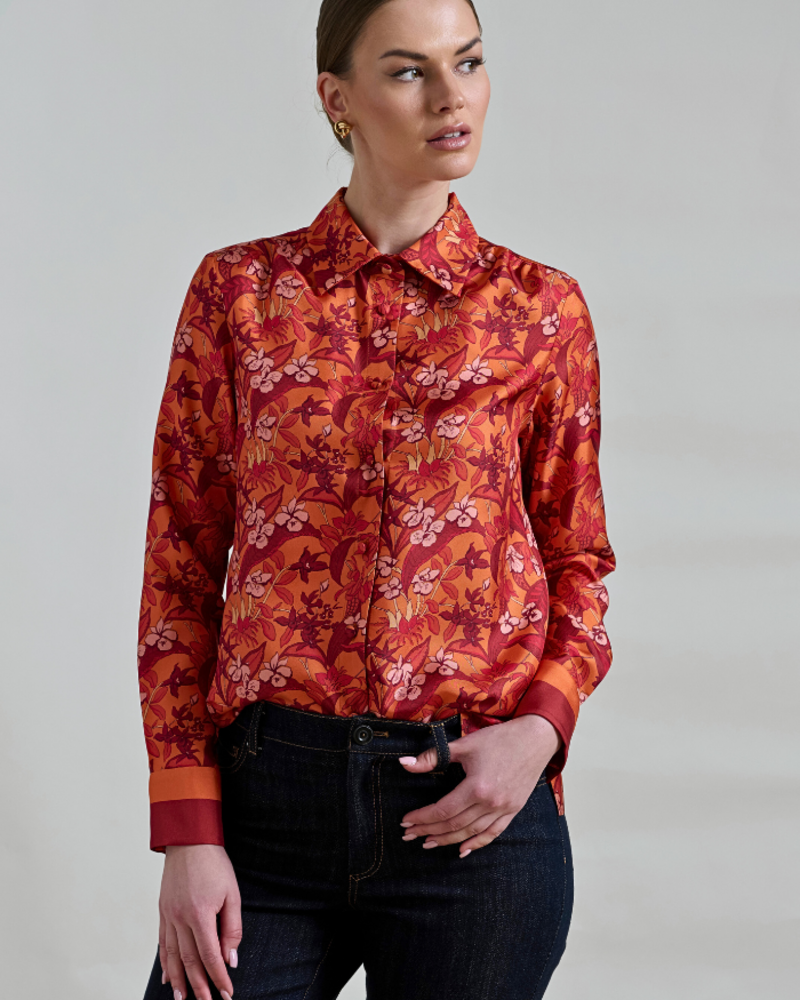 COLLARED SILK PRINTED SHIRT ZANZIBAR ORANGE