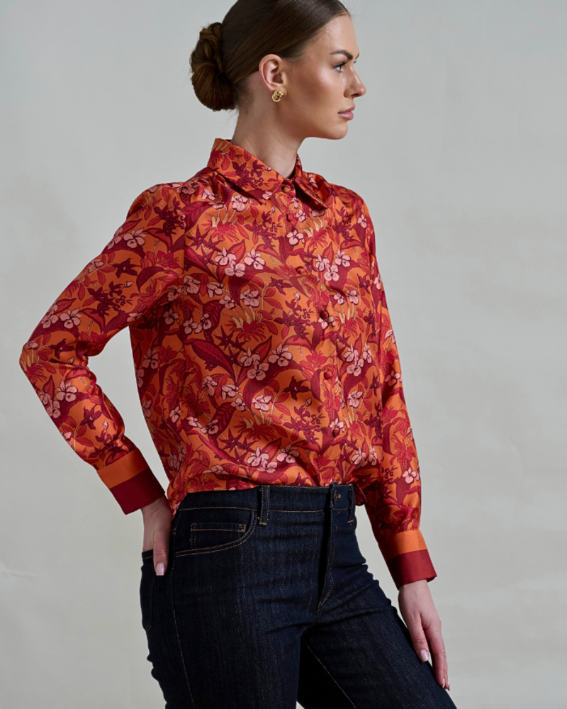COLLARED SILK PRINTED SHIRT ZANZIBAR ORANGE