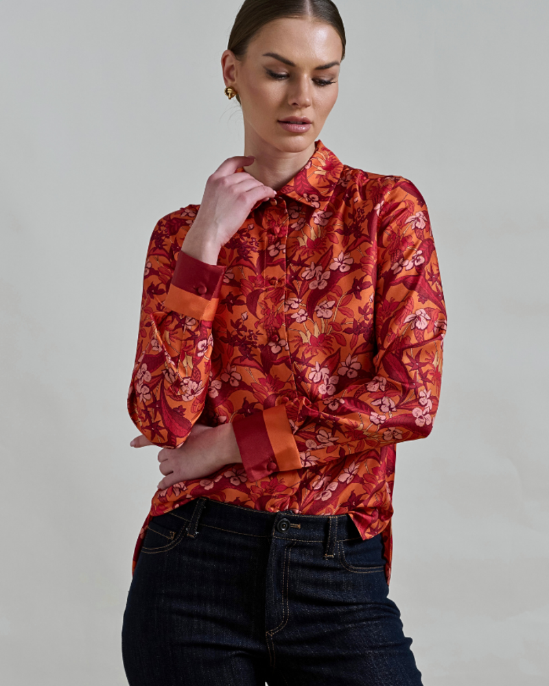 COLLARED SILK PRINTED SHIRT ZANZIBAR ORANGE