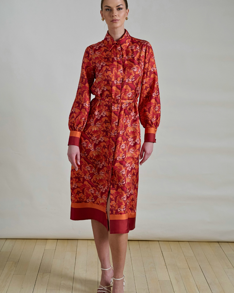 SILK SHIRT DRESS W/ LONG SLEEVES: ZANZIBAR ORANGE