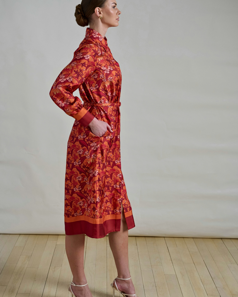 SILK SHIRT DRESS W/ LONG SLEEVES: ZANZIBAR ORANGE