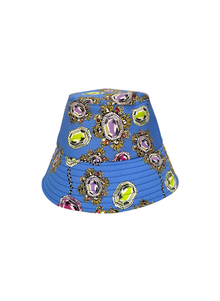 PRINTED COTTON BUCKET HAT: JEWELS: COBALT
