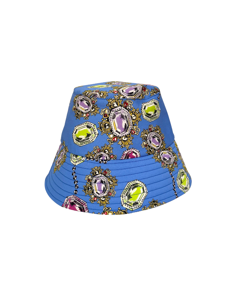 PRINTED COTTON BUCKET HAT: JEWELS: COBALT